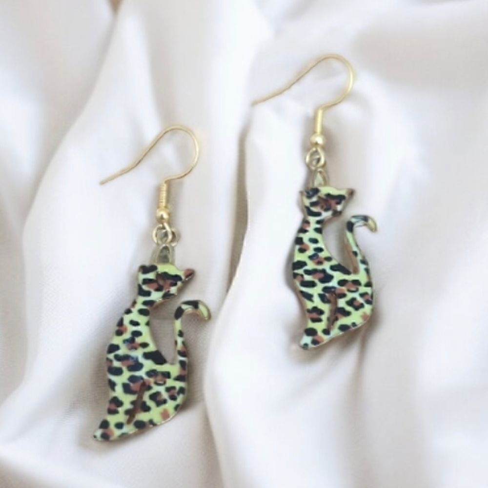Cat Cheetah Bengal Leopard Print Pattern Kitty Earrings - Picture 5 of 7